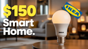IKEA Smart Home Under $150 With Bulb Sitting On Table IKEA Logo